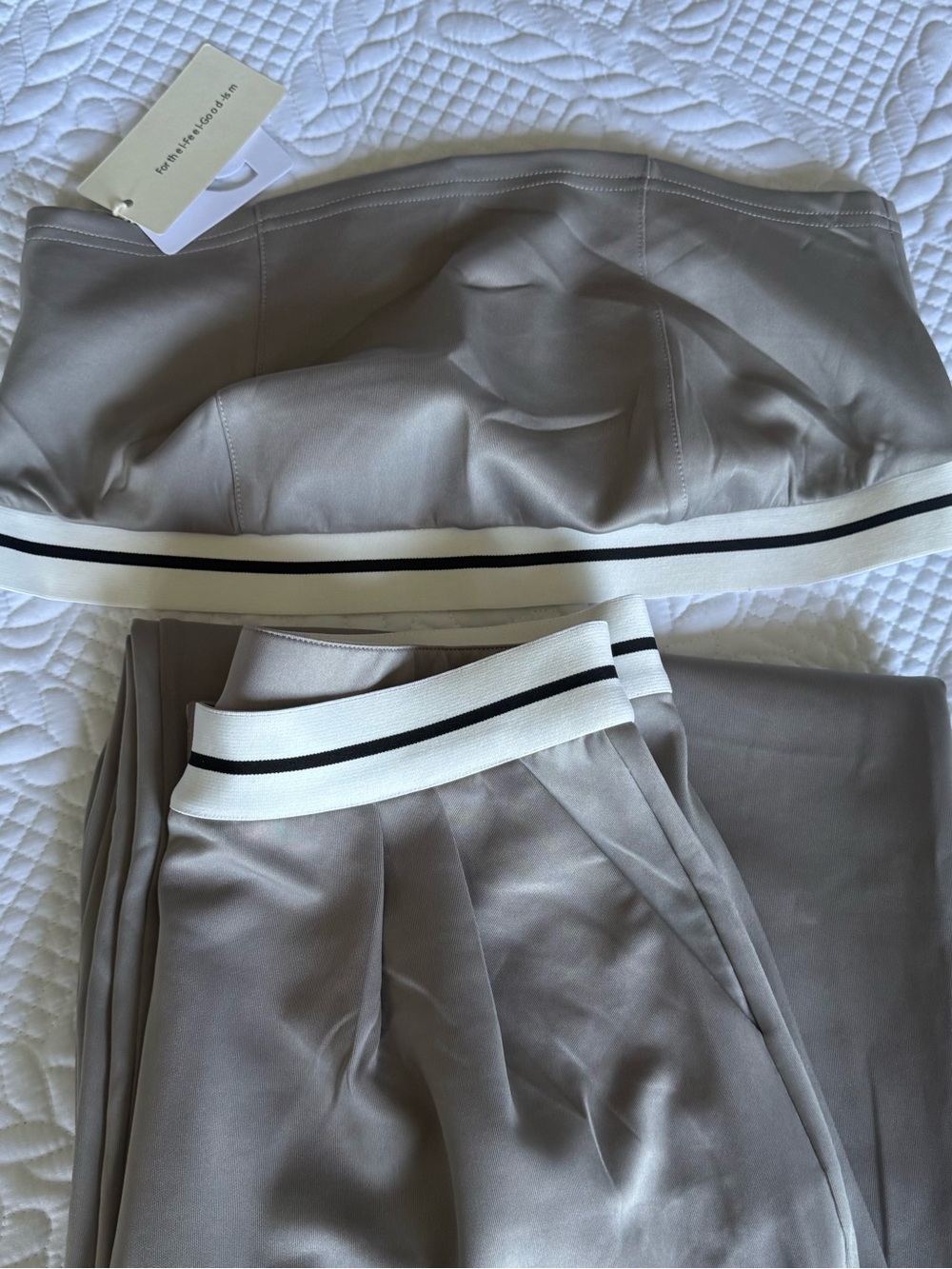 Commense Taupe Satin Track Pants with Striped Elastic Waistband